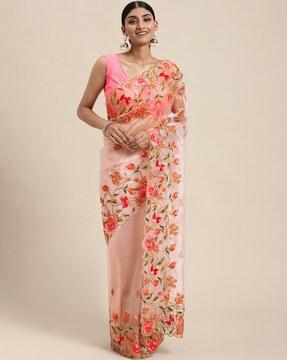 floral embroidered saree with scalloped border