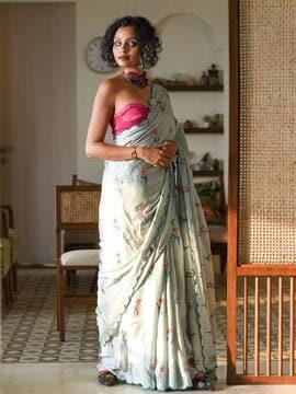 floral embroidered saree with scalloped hem