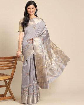 floral embroidered saree with zari border