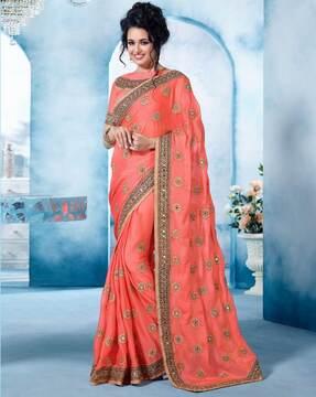 floral embroidered satin saree