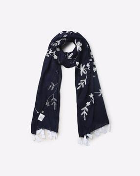 floral embroidered scarf with tassels