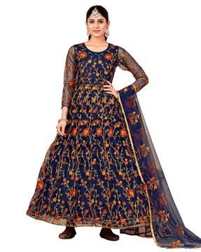 floral embroidered semi-stitched anarkali dress material