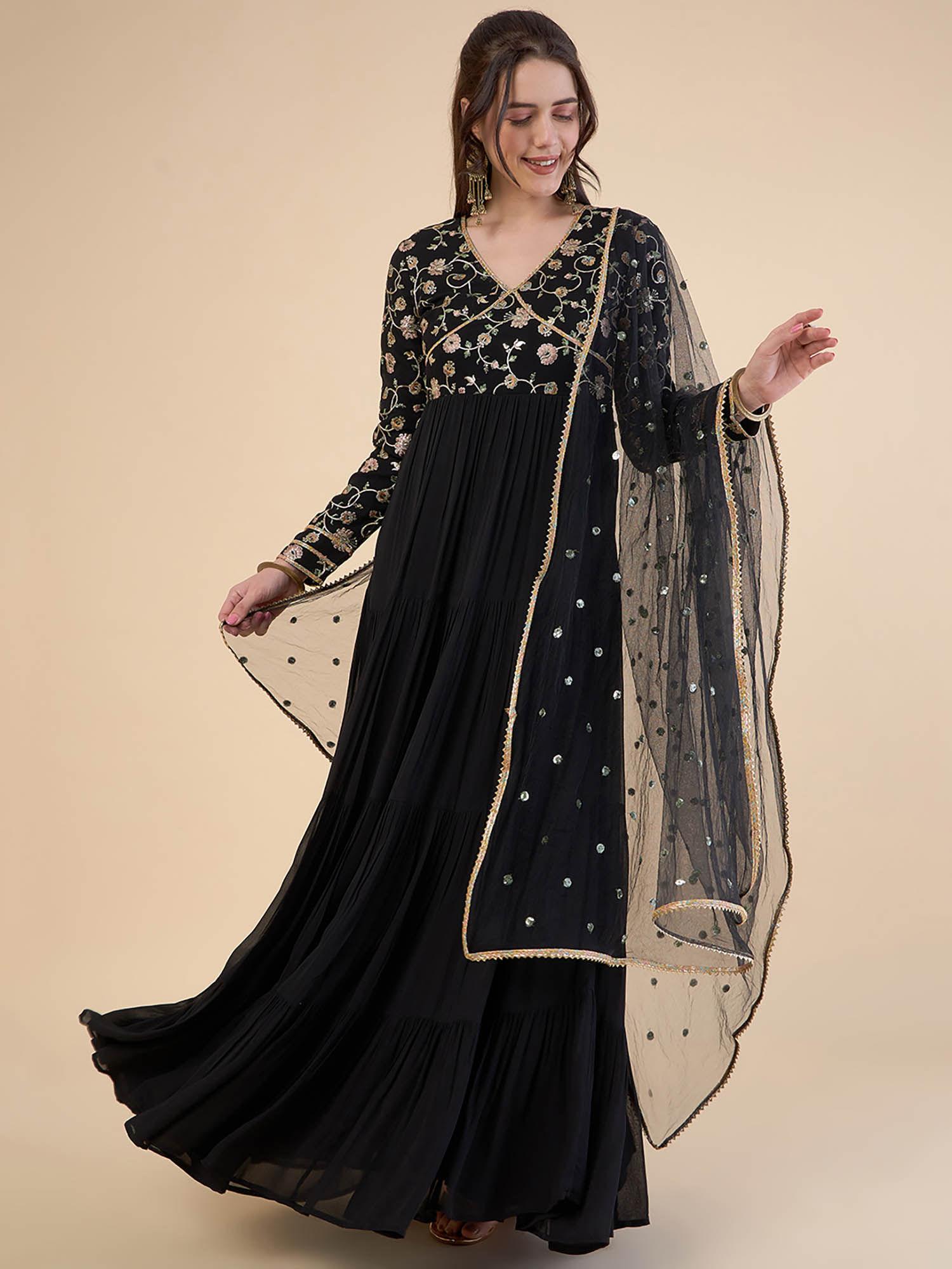 floral embroidered sequined v-neck flared georgette maxi dress with dupatta (set of 2)