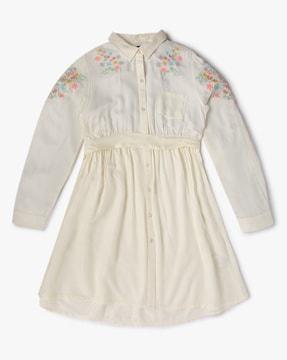 floral embroidered shirt dress with waist tie-up