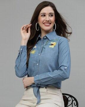floral embroidered shirt with tie-front