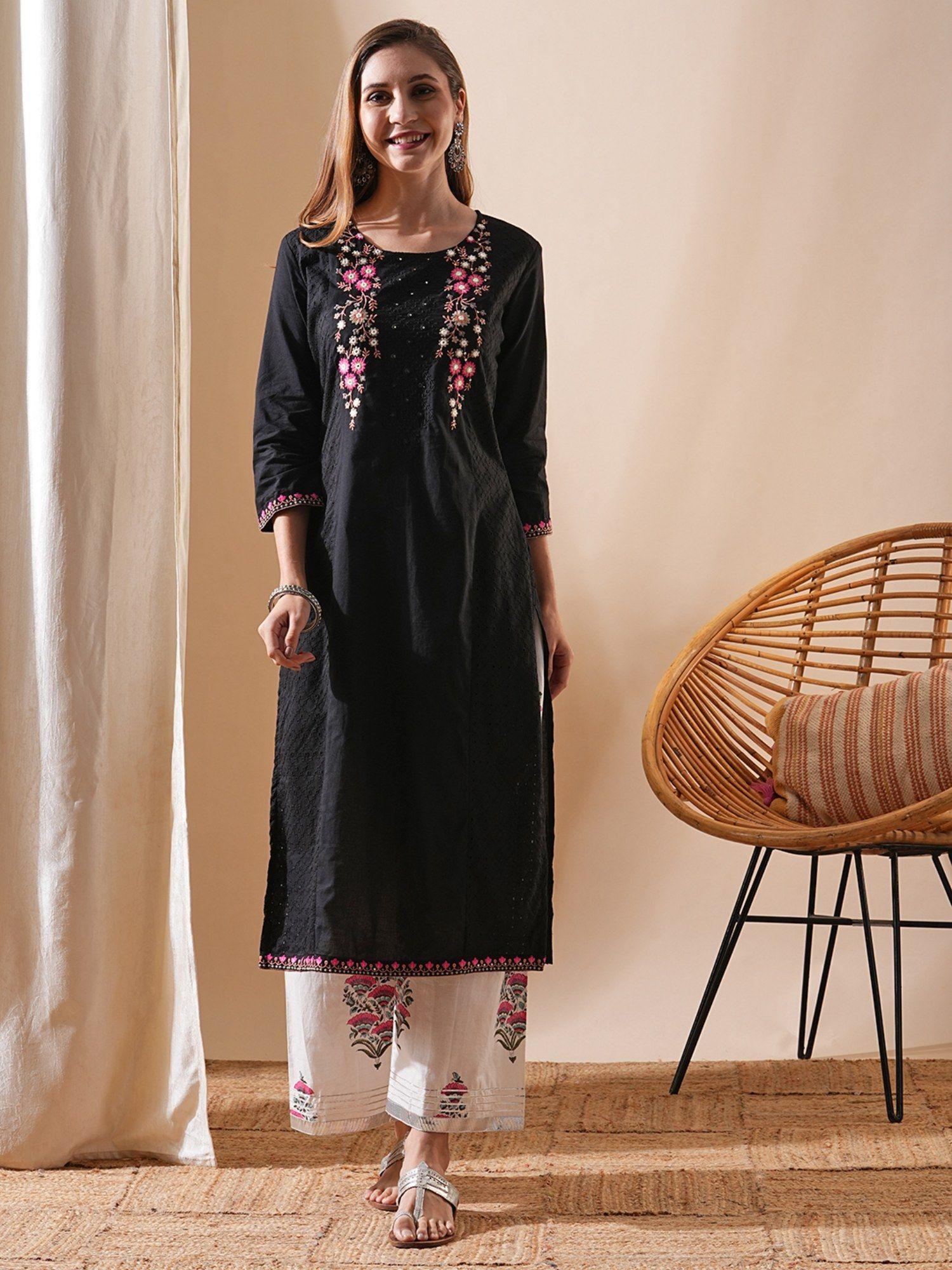 floral embroidered straight fit kurta - black