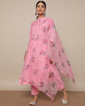 floral embroidered straight kurta & pants set with organza dupatta