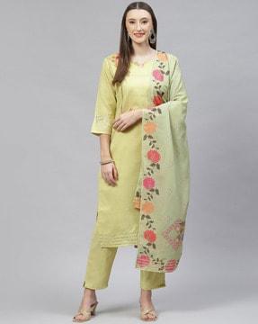 floral embroidered straight kurta set with dupatta