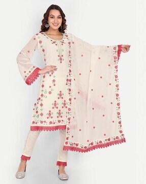 floral embroidered straight kurta set with dupatta