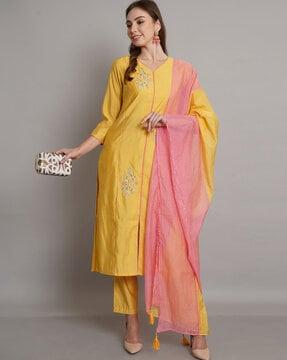 floral embroidered straight kurta set with dupatta