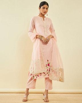 floral embroidered straight kurta set with dupatta