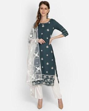 floral embroidered straight kurta set