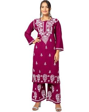 floral embroidered straight kurta set