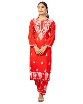 floral embroidered straight kurta set