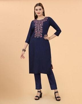 floral embroidered straight kurta set