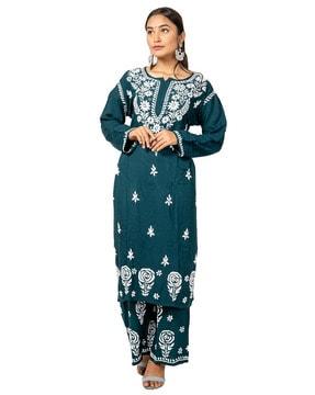 floral embroidered straight kurta set