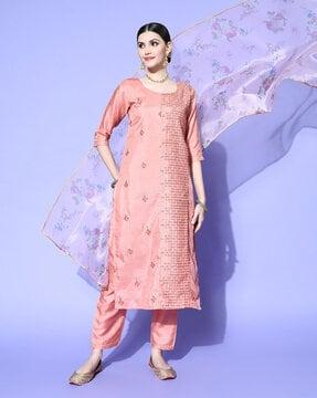 floral embroidered straight kurta set