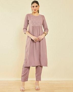 floral embroidered straight kurta set