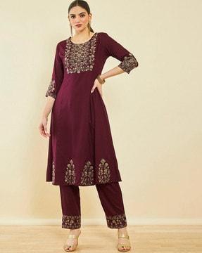 floral embroidered straight kurta set