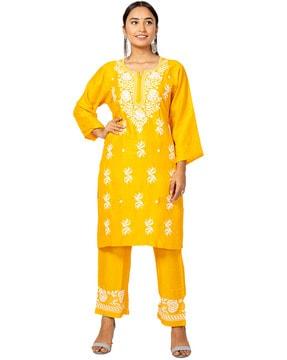 floral embroidered straight kurta set