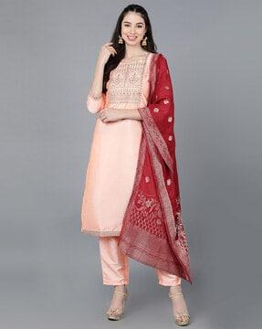 floral embroidered straight kurta set