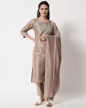 floral embroidered straight kurta suit set