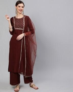 floral embroidered straight kurta suit set