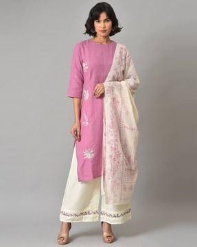 floral embroidered straight kurta suit set