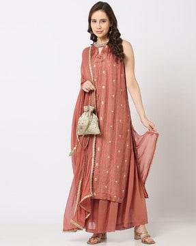 floral embroidered straight kurta suit set