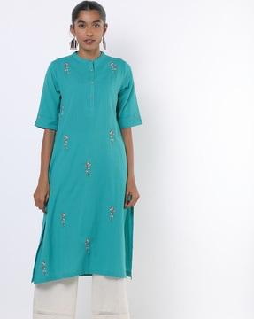 floral embroidered straight kurta with band collar