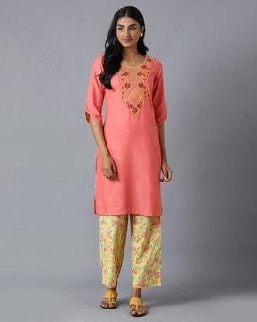 floral embroidered straight kurta with palazzos