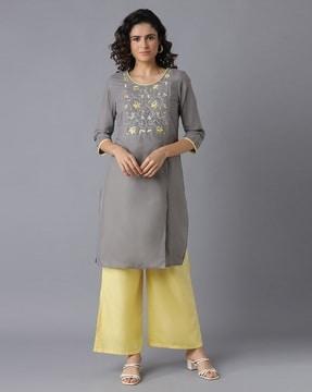 floral embroidered straight kurta with palazzos