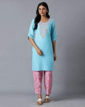 floral embroidered straight kurta with palazzos