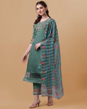 floral embroidered straight kurta with pants & dupatta