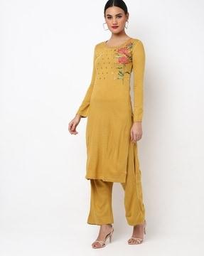 floral embroidered straight kurta with pants