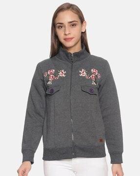 floral embroidered sweatshirt with buttoned flap pockets