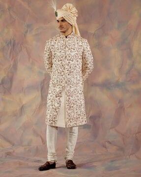 floral embroidered tailored fit sherwani set