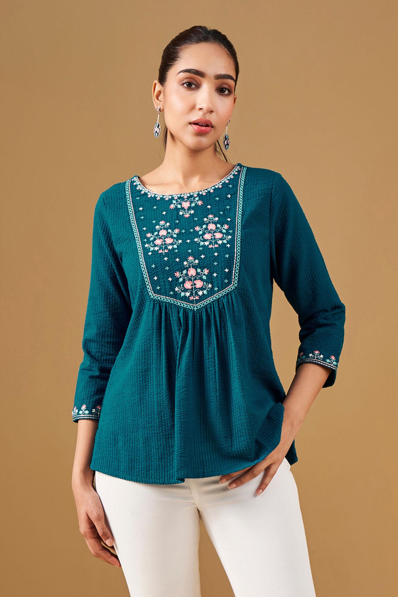 floral embroidered teal top