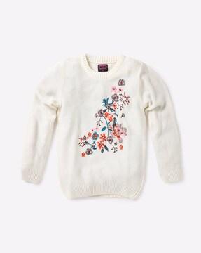 floral-embroidered textured pullover