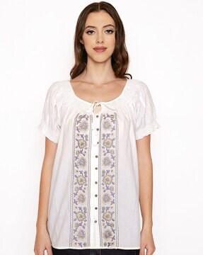 floral embroidered top with neck tie-up