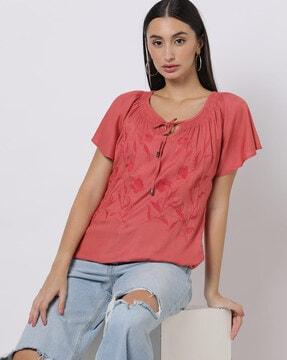 floral embroidered top with neck tie-up