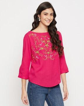 floral embroidered top with slit-sleeves
