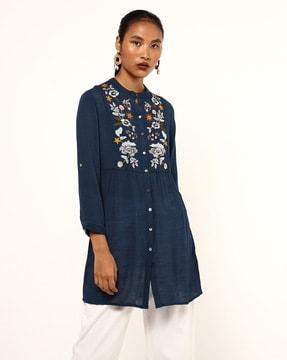 floral embroidered tunic with band collar