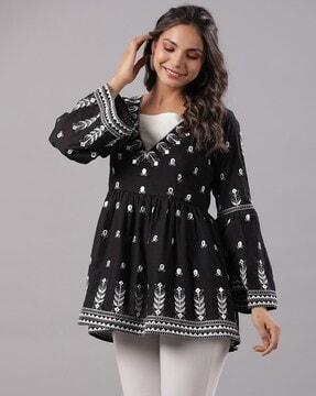 floral embroidered tunic with bell sleeves