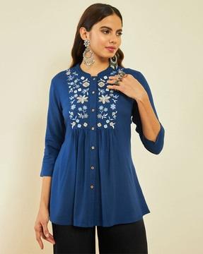 floral embroidered tunic with mandarin collar