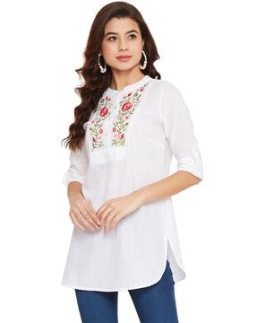 floral embroidered tunic with roll-up tabs