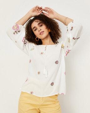 floral embroidered tunic with tie-up