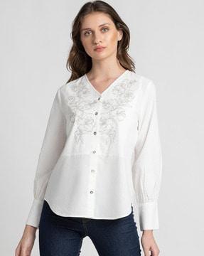 floral embroidered v-neck shirt