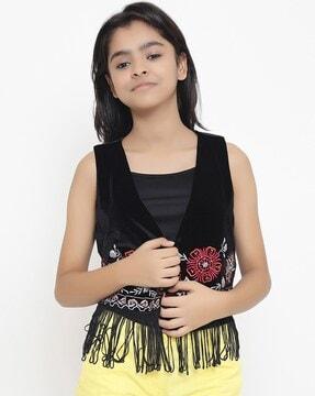 floral-embroidered waistcoat with fringes