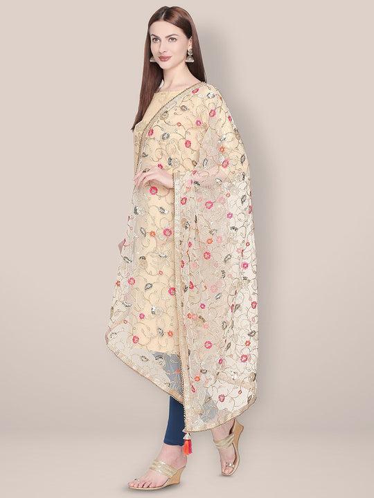 floral embroidered white & gold net dupatta.